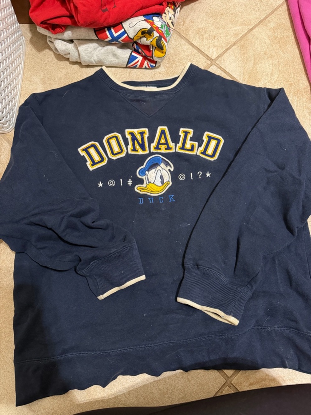 Disney Navy Donald Duck Crewneck Sweatshirt with Yellow Lettering